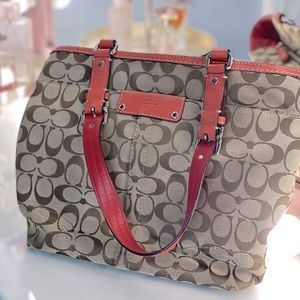 Orange Leather Accent Coach Bucket Tote